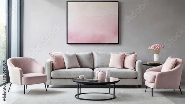 Fototapeta A minimalist living room with light gray concrete floors, a light gray sofa, and blush pink accents in the form of a velvet armchair and decorative pillows