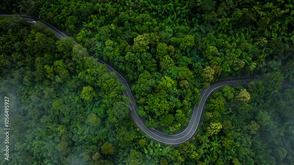 Obraz Road of No. 1095, Pai, Mae Hong Son, Chiang Mai Thailand aerial drone point of top view
