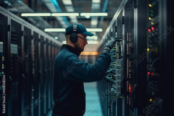 Fototapeta IT technician in a modern data center managing server connections while wearing headphones and gloves during a routine maintenance check