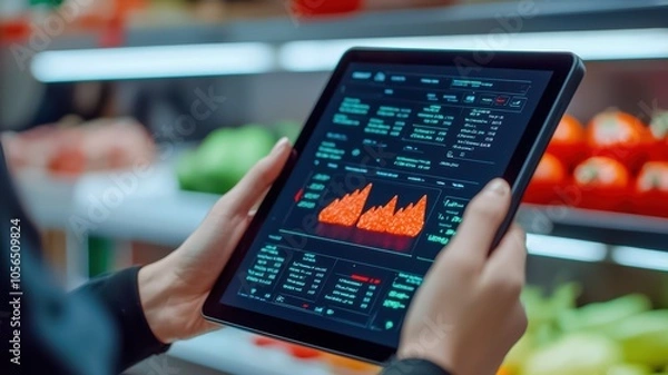 Fototapeta A person analyzes digital data on a tablet while surrounded by fresh produce in a grocery store setting.