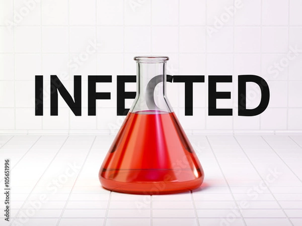 Obraz Infected blood liquid in flask and text