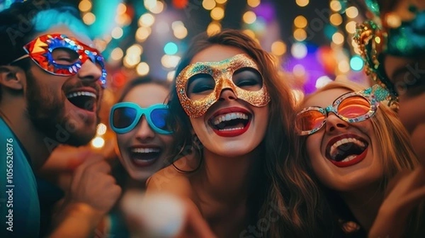 Fototapeta friends wearing playful masks during a party, laughing and enjoying themselves,