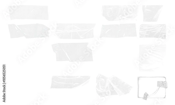 Fototapeta set of Transparent Tape duct tape crumpled stripes. Realistic sticky paper strips. Isolated plaster masking pieces with torn edges, ripped wrinkled bands for package wrap	