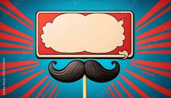 Fototapeta Whimsical moustache on a stick with a speech bubble, set against a bright blue and red background, perfect for retro and playful designs