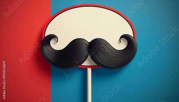 Fototapeta Whimsical moustache on a stick with a speech bubble, set against a bright blue and red background, perfect for retro and playful designs