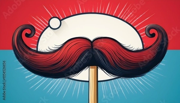 Fototapeta Whimsical moustache on a stick with a speech bubble, set against a bright blue and red background, perfect for retro and playful designs
