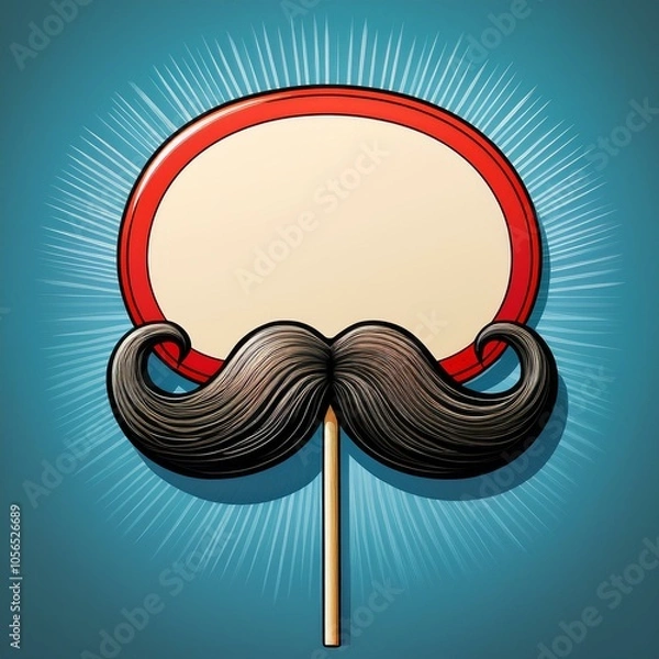 Fototapeta Whimsical moustache on a stick with a speech bubble, set against a bright blue and red background, perfect for retro and playful designs