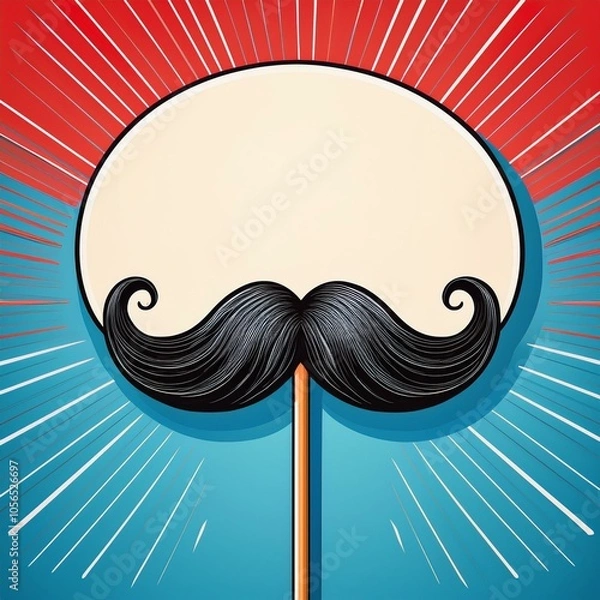 Fototapeta Whimsical moustache on a stick with a speech bubble, set against a bright blue and red background, perfect for retro and playful designs