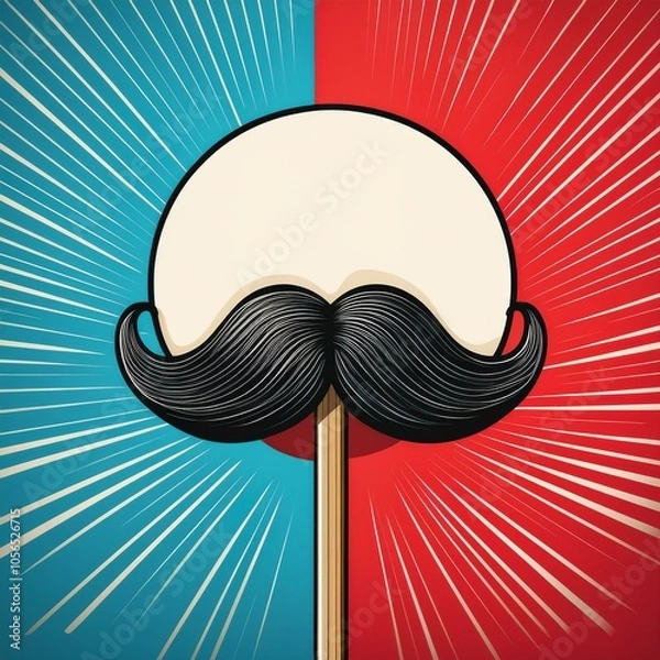 Fototapeta Whimsical moustache on a stick with a speech bubble, set against a bright blue and red background, perfect for retro and playful designs