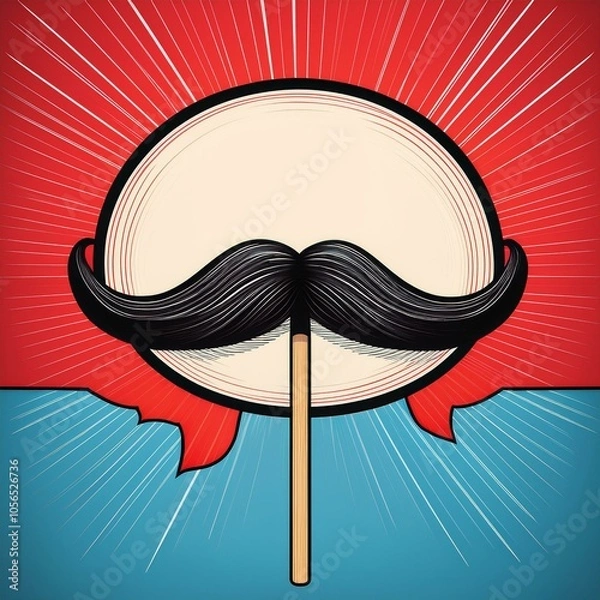 Fototapeta Whimsical moustache on a stick with a speech bubble, set against a bright blue and red background, perfect for retro and playful designs
