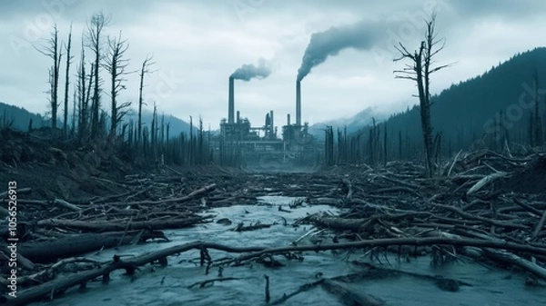 Fototapeta A desolate landscape shows a factory emitting smoke, surrounded by a barren area with fallen trees, highlighting environmental degradation, climate change.