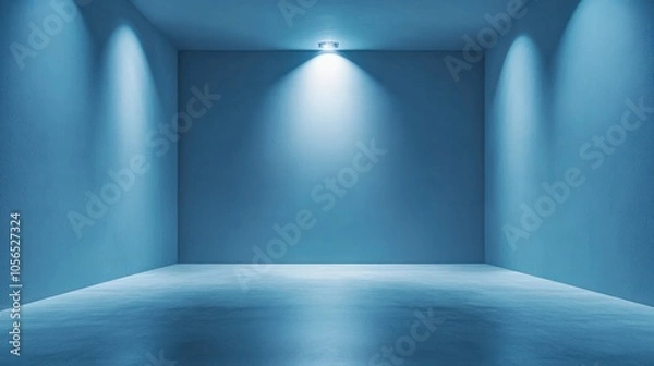 Fototapeta An empty studio room with a light blue gradient backdrop that softly fades into a deeper blue at the edges.
