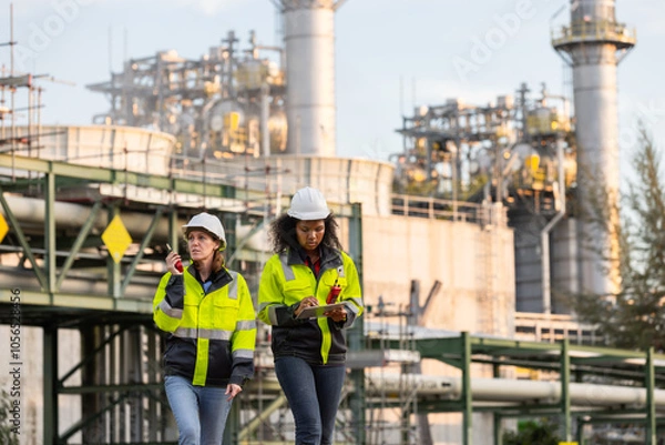 Fototapeta Two female engineers in high-visibility jackets and hard hats conducting a field inspection at an industrial plant with refinery structures in the background, ensuring workplace safety and efficiency