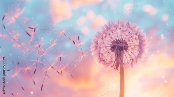 Fototapeta A dandelion with its seeds being blown away by the wind, symbolizing fading moments and memories.