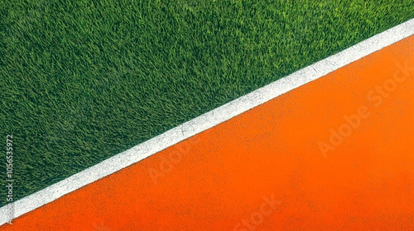 Fototapeta Abstract geometric background of green grass and orange surface with white line