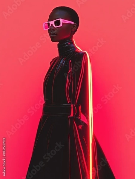 Fototapeta Fashion model showcasing futuristic fashion design, avant-garde couture in artistic photo shoot	