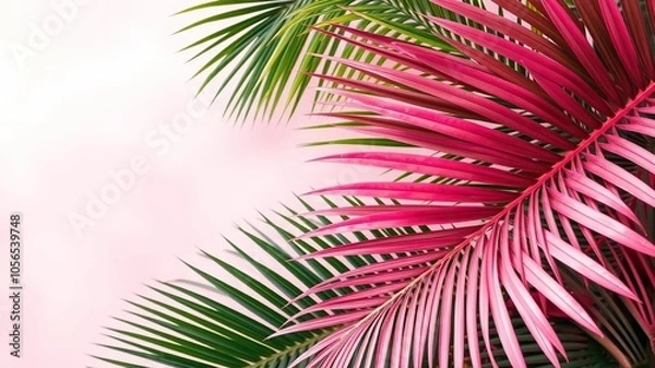 Fototapeta Tropical palm leaf with vibrant hues against a soft pink backdrop, background, exotic, leaf