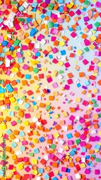 Fototapeta Vibrant and festive confetti pattern in various shades and shapes on a colorful background, fun, texture