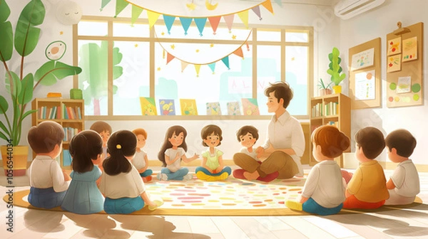 Obraz Small nursery school, Children with man teacher sitting on floor in classroom, Daycare concept, preschool, Cartoon style.
