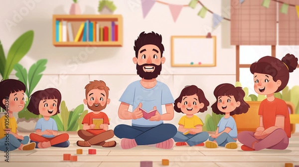 Obraz Small nursery school, Children with man teacher sitting on floor in classroom, Daycare concept, preschool, Cartoon style.
