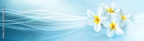 Fototapeta Elegant white flowers on a tranquil blue background, minimalist floral design for serene aesthetic