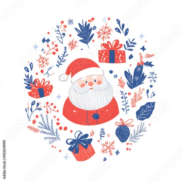 Fototapeta Joyful Christmas and New Year Collection: Santa, Festive Animals, Whimsical Decorations, Cozy Holiday Scenes, and Playful Winter Elements on White Background