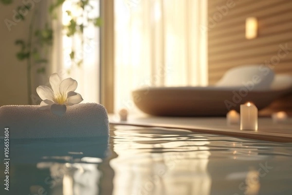 Fototapeta A white flower is on a towel in a bathtub. The room is dimly lit and has candles on the floor