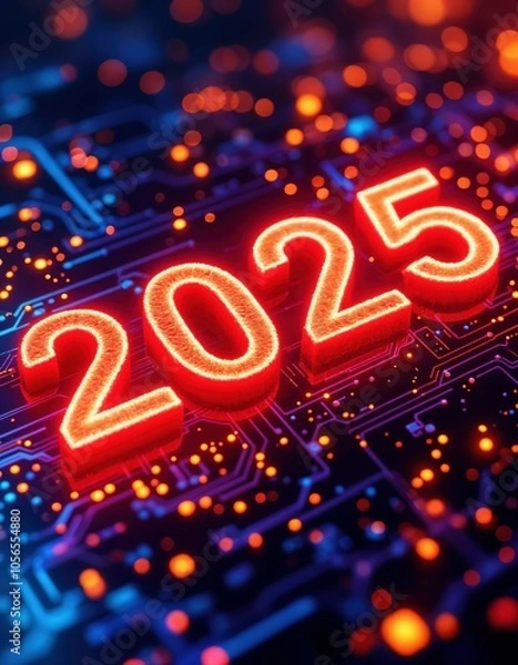 Fototapeta 3D Glowing Red Numbers 2025 on Futuristic Digital Circuit Board Background