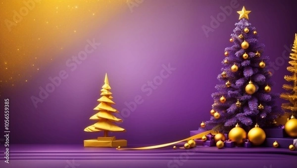 Obraz Merry christmas yellow and purple background with traditional christmas tree