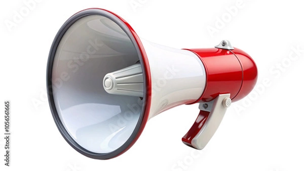 Fototapeta Close-up of a classic megaphone in red and white, highlighting the details of its handle and speaker, set against a transparent background