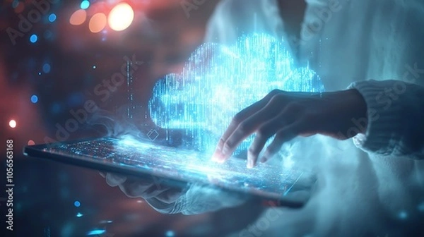 Obraz A person using a tablet with a floating holographic cloud and digital data streams, symbolizing big data transfer across the internet, with a softly blurred tech workspace in the background