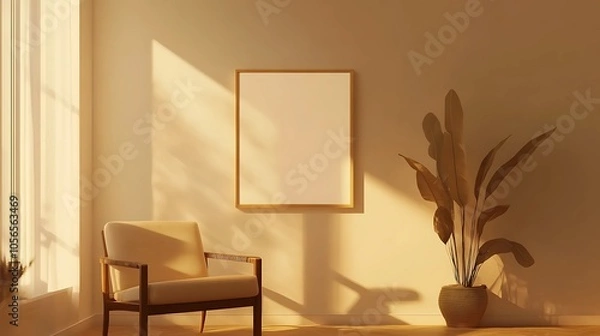 Fototapeta A minimalist living room with a blank picture frame mockup on the wall, warm tones and natural light streaming in