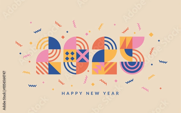 Obraz 2025 New Year banner with isolated numbers from simple geometric shapes and figures inside confetti. Template for greeting card, invitation, poster, flyer, web. Vector illustration.