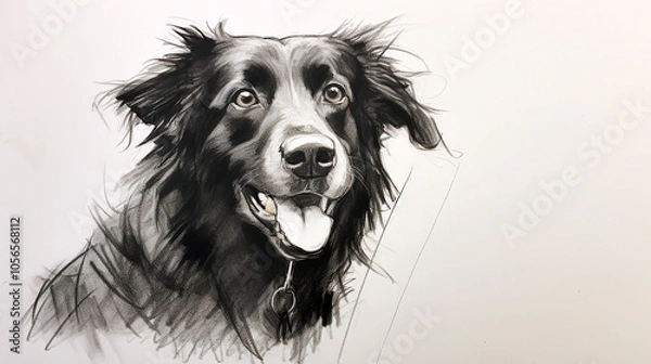 Fototapeta black charcoal pencil hand drawing with closeup illustration of dog face in white background with copy space 