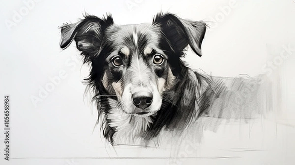 Fototapeta black charcoal pencil hand drawing with closeup illustration of dog face in white background with copy space 