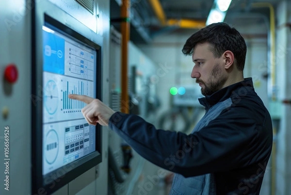 Fototapeta Facility manager monitoring smart building controls on touchscreen, optimizing HVAC and lighting, energy usage graph visible