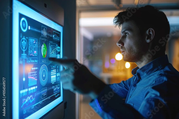 Fototapeta Facility manager monitoring smart building controls on touchscreen, optimizing HVAC and lighting, energy usage graph visible