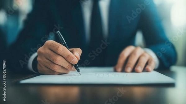 Fototapeta A business professional writes notes with a pen on a blank sheet of paper, symbolizing productivity and focus in the workplace.