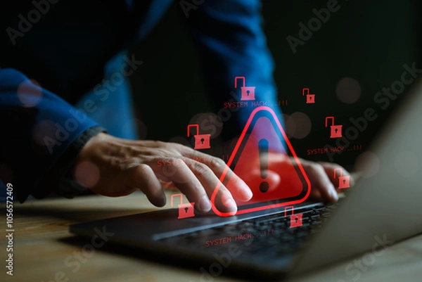 Obraz System warning hacked alert, cyberattack on computer network. Cybersecurity vulnerability, data breach, illegal connection, compromised information concept. Malicious software, virus and cybercrime.