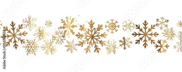 Fototapeta A row of gold snowflakes on a white background, vector illustration, flat design