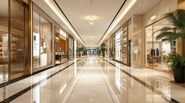 Fototapeta Modern shopping mall interior with elegant lighting and polished floors, showcasing luxury retail spaces.