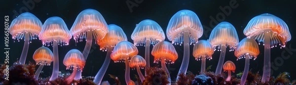 Fototapeta Close-up of bioluminescent mushrooms covered in dewdrops, glowing with a magical light, capturing the essence of nature’s beauty