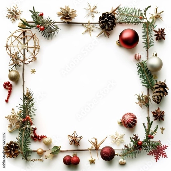 Fototapeta Christmas props arranged with a large blank area for adding text or graphics.