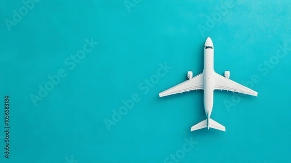 Obraz Flat lay design of travel concept with plane on blue background with copy space. 