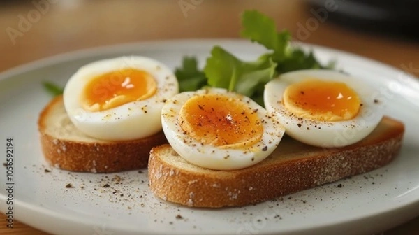 Fototapeta Dish featuring soft boiled eggs accompanied by toast