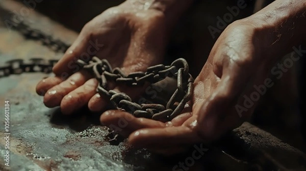 Fototapeta Hands Grasping Metal Chains on Surface,Symbolic of Loss of Freedom