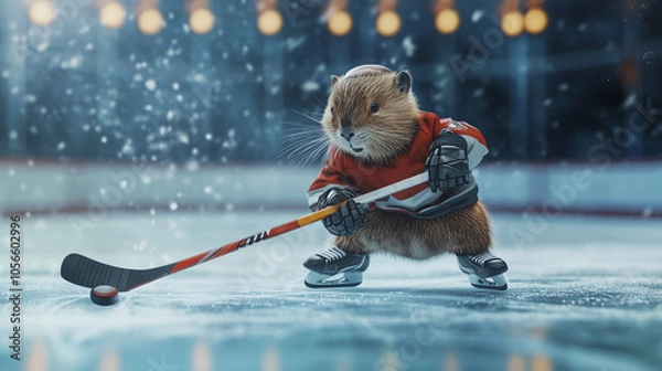 Fototapeta Ice Hockey. Adorable beaver playing ice hockey, wearing skates and hockey gear, intensely focused on the puck. Image made using Generative AI.