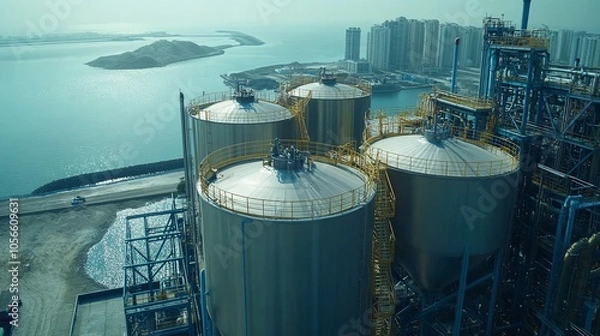 Fototapeta Storage Tanks for Industrial Liquids Rows of massive cylindrical tanks with supporting frameworks, safety railings, and monitoring equipment, displaying the safe containment of materials.