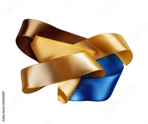 Fototapeta Colorful ribbons in brown, gold, and blue on a white isolated background.