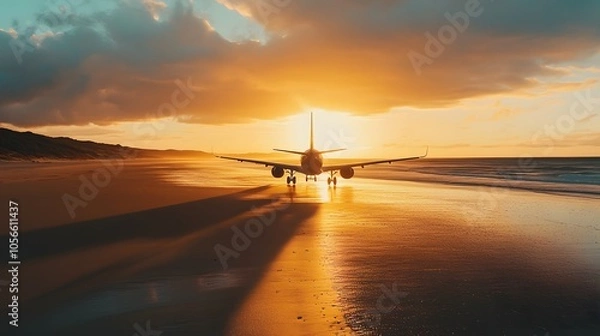 Fototapeta Travel concept with airplane shadow and beach. 